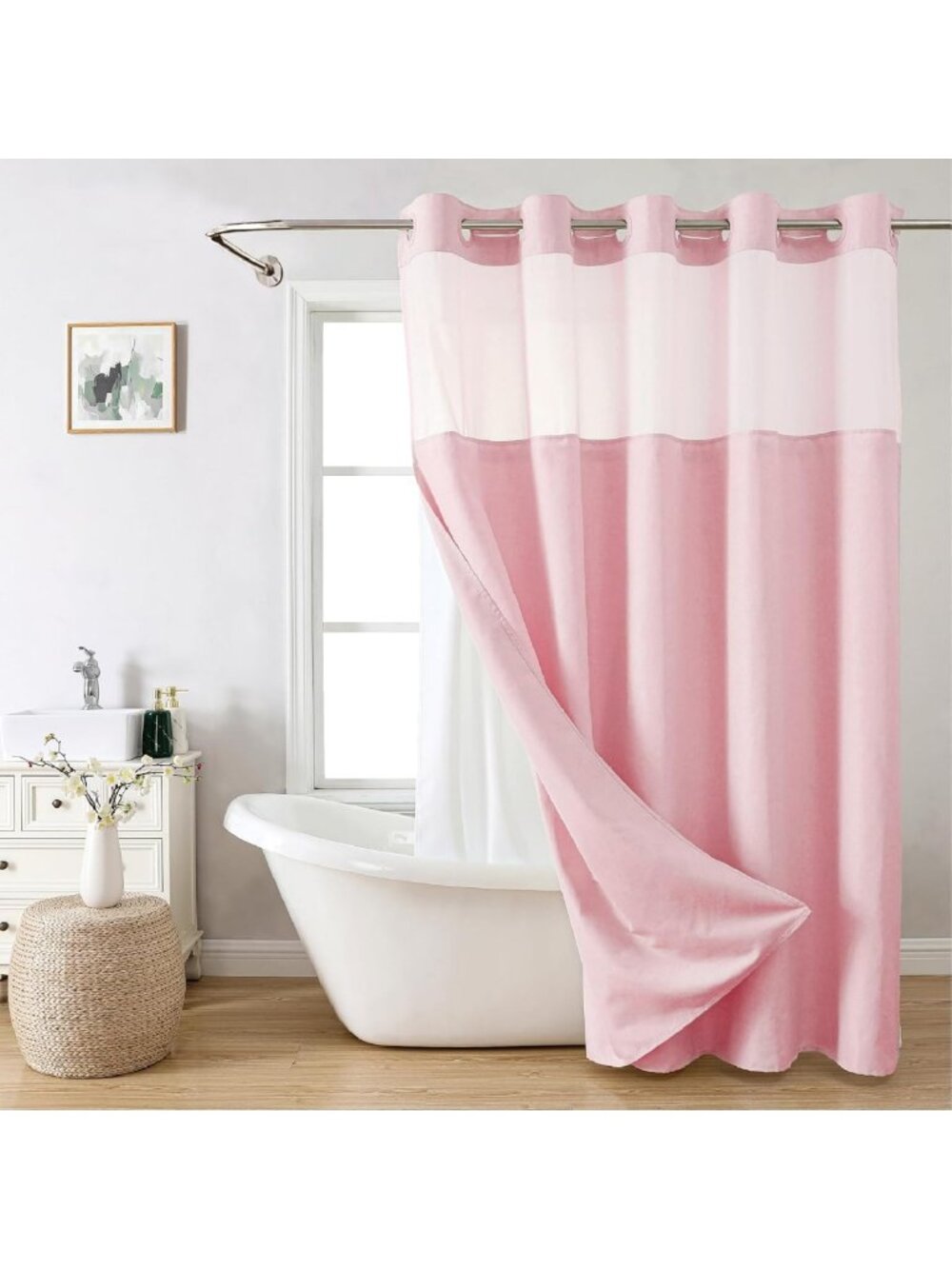 Linen Texture Shower Curtain with Snap-in Liner, 71x80, Pink - No Hook Design